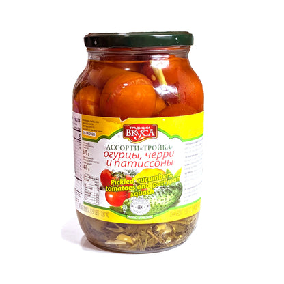 Вкусное трио из соленых огурцов, помидоров и кабачков «Традиции вкуса»