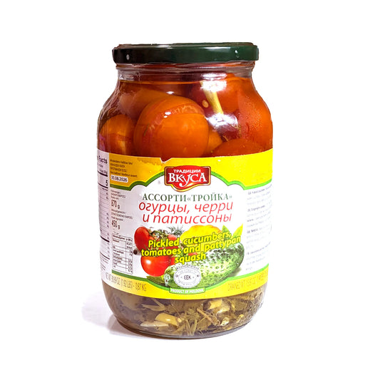 Вкусное трио из соленых огурцов, помидоров и кабачков «Традиции вкуса»